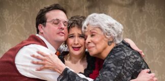 Jamie Smithson as George, Kelly Karcher as Hedda, and Jewell Robinson as Aunt Julia in Washington Stage Guild's 'Resolving Hedda.' Photo by C. Stanley Photography.