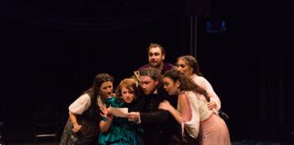 Candice Shedd-Thompson, Rachel Rarlaam, Greg Michael Atkin, Brice Guerriere, Lauren Farnell, and Adelina Mitchell in 'Head Over Heels' by Monumental Theatre Company. Photo by Rj Pavel.