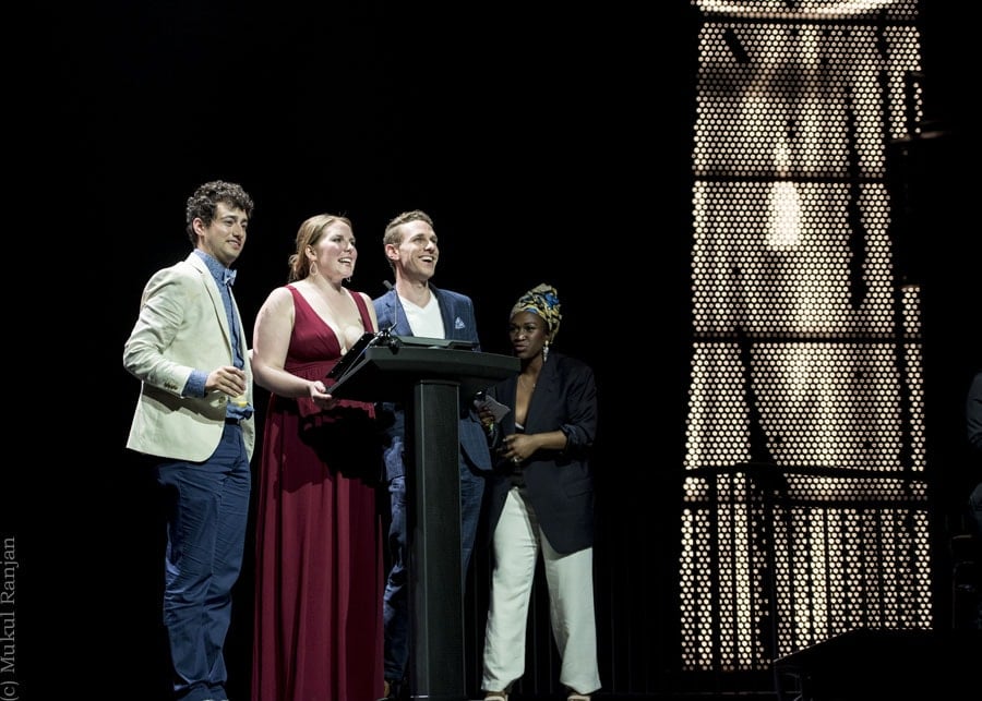 Jimmy Mavrikes, Beth Amman, and Michael Windsor of Monumental Theatre Company accept the John Aniello Award for Outstanding Emerging Theatre Company. Photo by Mukul Ranjan Photography.