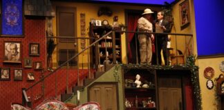 L-R: Richard Isaacs (Mortimer Brewster), Tom Schiller (Teddy Brewster) and Michael Wong (Dr. Einstein) in The Arlington Players' production of Arsenic and Old Lace. Photo by Bermet Sydygalieva.