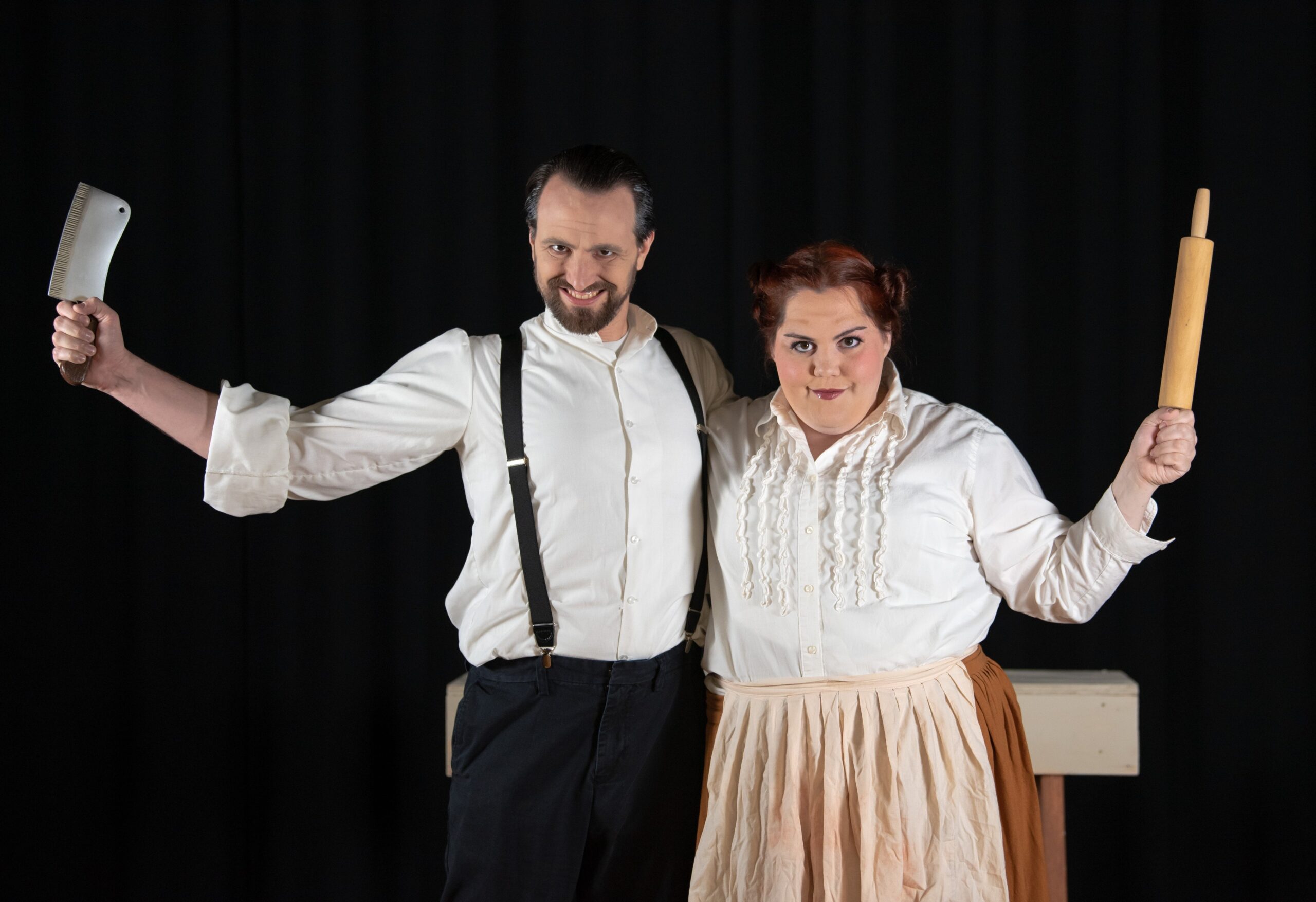 Dave Joria as Sweeney Todd and Elizabeth Drake as Mrs. Lovett in Sterling Playmakers' production of Sweeney Todd. Photo courtesy of Sterling Playmakers.